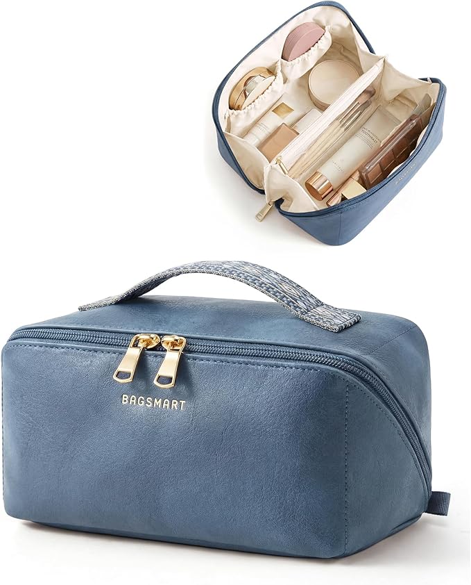 BAGSMART Makeup Bag Travel Cosmetic Bag, Large Make Up Bag Flat Open Toiletry Bag for Women, PU Leather Travel Essentials Case, Wide-open Pouch Purse for Skincare, Brushes, Vintage Denim Blue