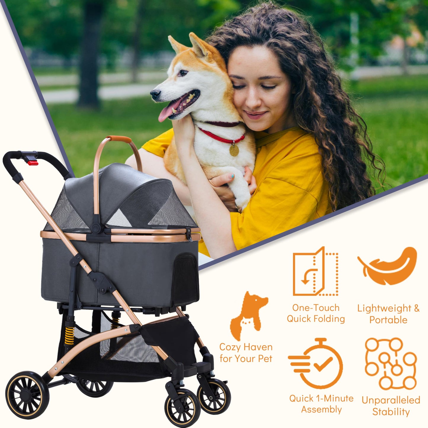GdnWings Pet Stroller for Small Dogs, Lightweight Small Dog Stroller for Dogs Cats with 6 Shock Absorption System, Detachable Carrier Suitable for Car Seat & Hand Carry, Safe Outings, Gray