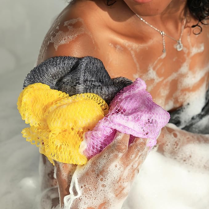 Authentic African Net Sponge 2 Pieces - Back Scrubber for Body - Seawave & Lilac Exfoliating Washcloth with Knots for Shower - Shower Exfoliator for Women Self Care Body Loofah Bath Essentials