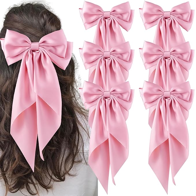 6Pcs Large Bows Hair Clips for Women Girls Long Tail Hair Ribbon Silky Satin Barrettes Coquette Bows Accessories (Pink)