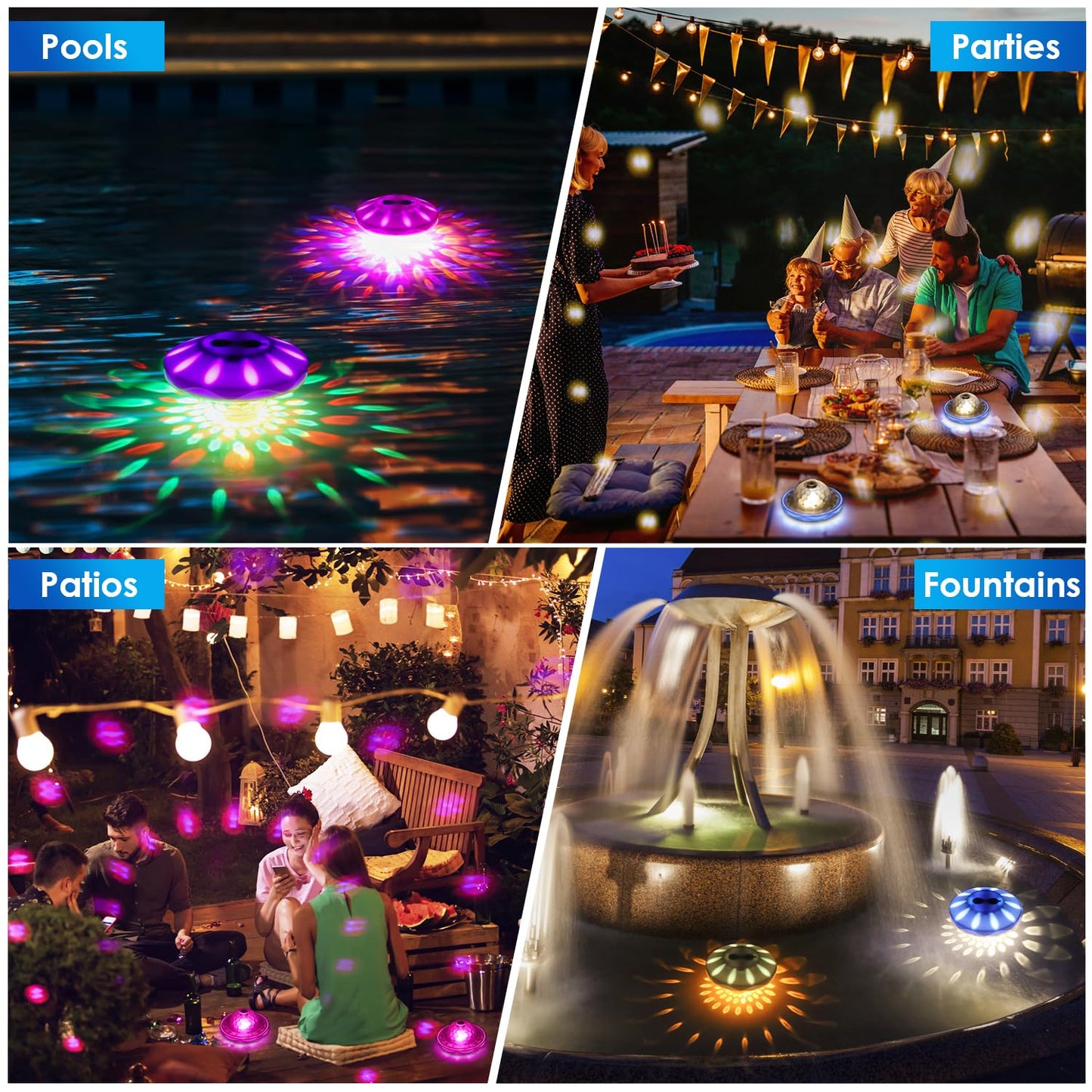 QOLNBY Floating Pool Lights(4 Pack), Pool Light with 6 Dynamic Lighting Effects, IP68 Waterproof Pool Lights that Float, Rechargeable RGB Upper and Lower Color Changing Lights for Hot Tub, Patio