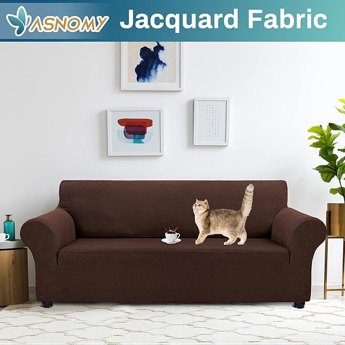 Asnomy Couch Covers for 3 Cushion Couch Sofa pet Friendly, 3 Seater Sofa Cover Washable Slipcovers, Protector Furniture Covers for Dogs Jacquard Fabric Small Checks （Large，Chocolate）