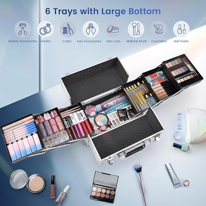 FRENESSA Makeup Case Cosmetic Train Case Organizer 11.8 Inch Large Makeup Box Travel Storage Make Up Train Carrying Case with 6 Trays Locking Hard Vanity Storage Glitter Silver