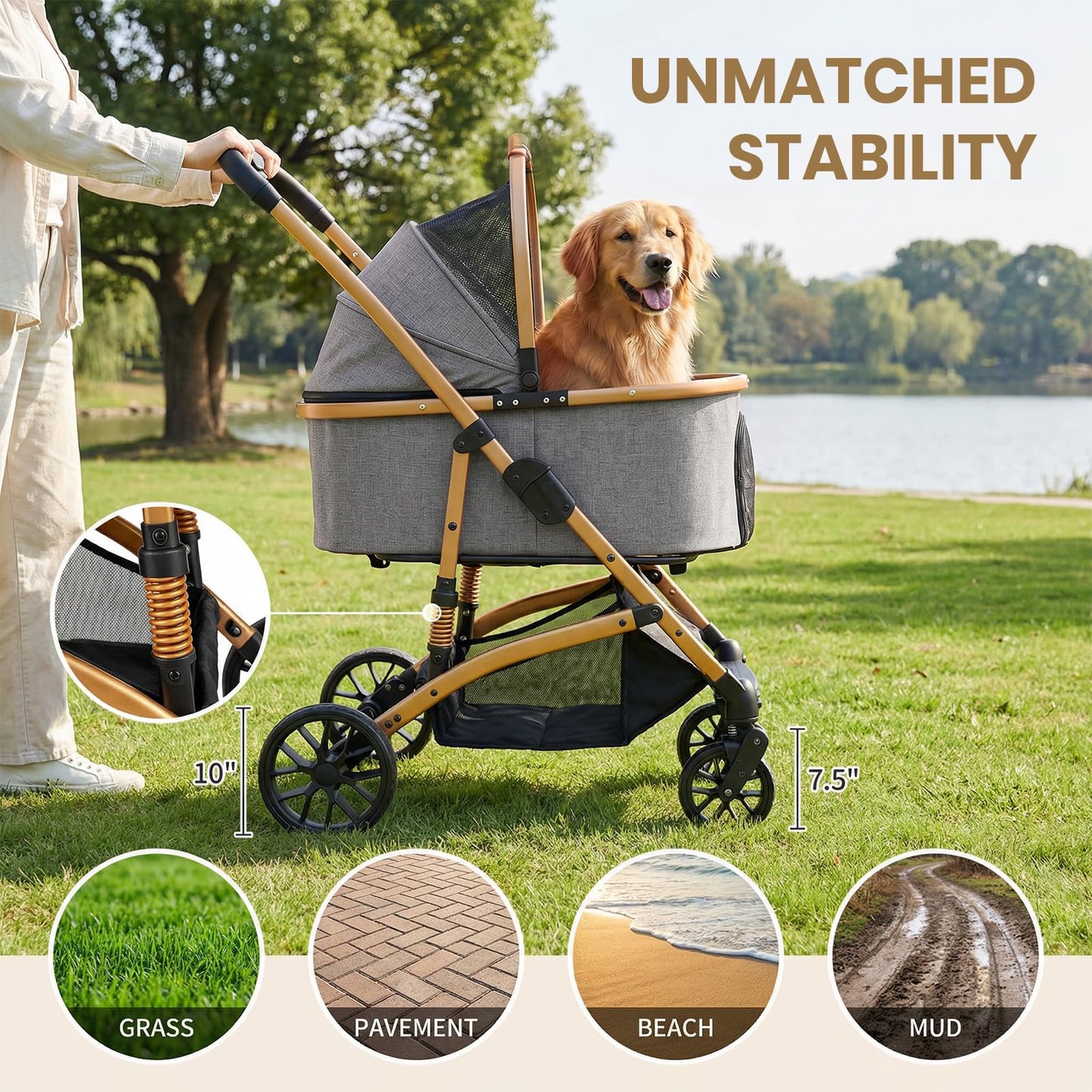 Ioboneed 3-in-1 Dog Stroller with Rain Cover, Quick Foldable, Detachable Carrier & Car Seat, for Medium Dogs Cats Up to 50 lbs, Anti-Shock Solid Rubber Wheels, Grey