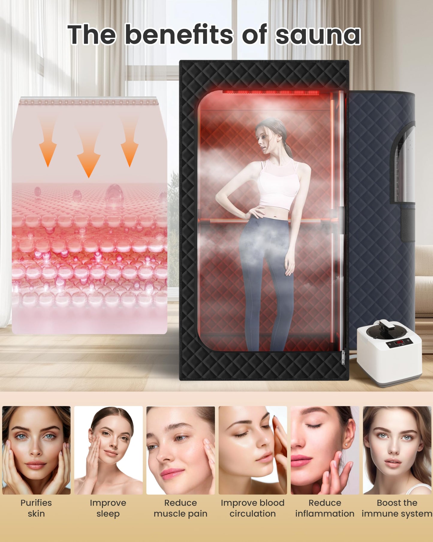 KASUE Portable Infrared Sauna, Steam Sauna with XL Steamer, 5-Layer Waterproof & Heat Insulation for Relaxation, Detoxification, Muscle Pain Relief Indoor & Outdoor(Obsidian Black)