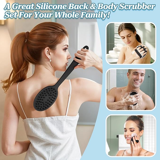 Silicone Back/Body/Face Scrubber & Soft Bath Glove Set 4PCS, Gentle Exfoliating Back & Body Scrubber with Dual-Side Brush Head, Hand-fit Bath Glove & Face Scrubber for Deep Cleaning(Black-4PC)