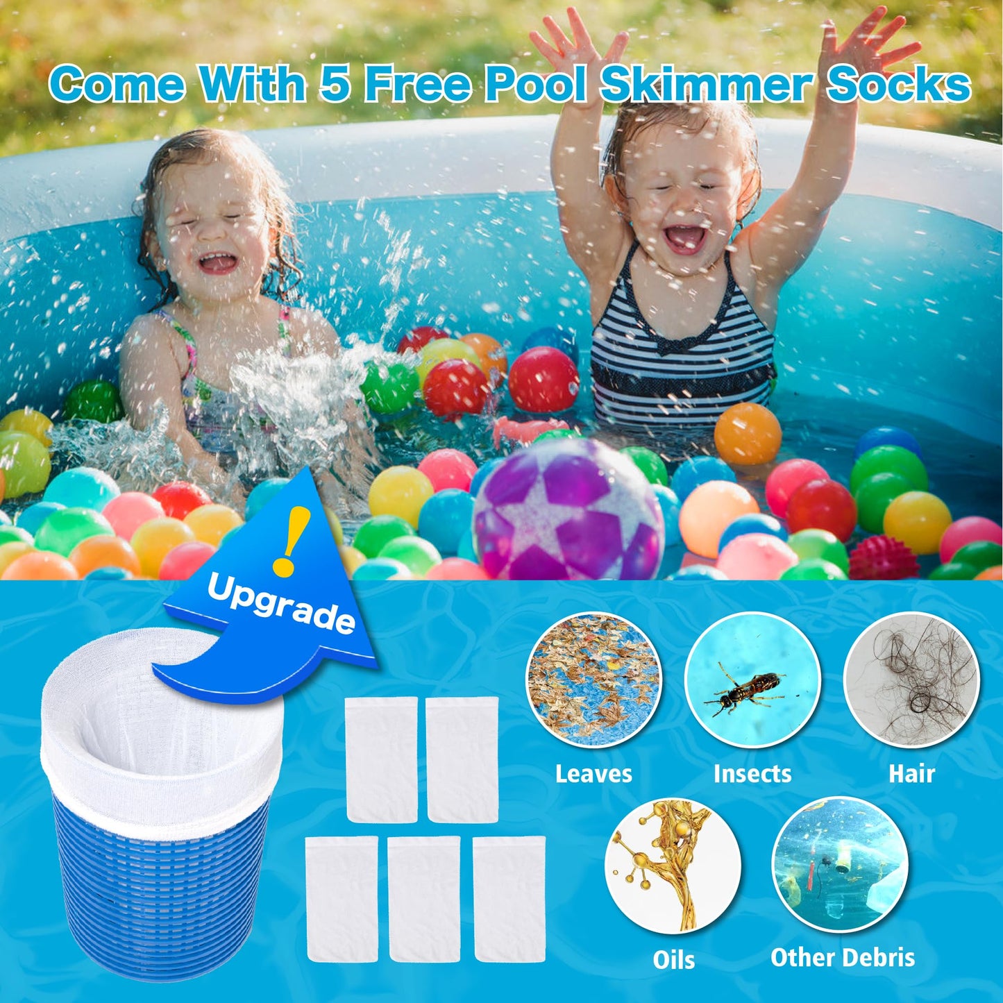 MUWOOB Above Ground Pool Skimmer with 5 Skimmer Socks, Wall Mount Surface Skimmer with Hose & Basket, Compatible with Intex Pools, Adjustable Floating Filter, Automatically Removes Leaves & Debris