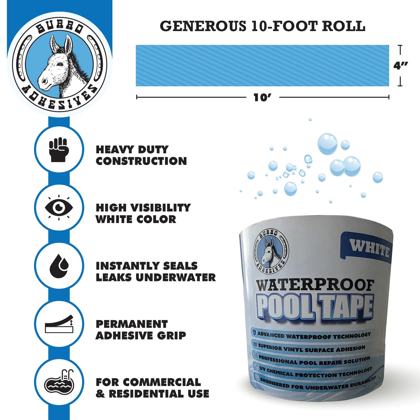 Burro Adhesives Waterproof White Pool Tape 4" x 10' - Heavy Duty PVC Vinyl Pool Repair for Underwater & Dry Applications, Commercial & Residential Pools, Instantly Seals Leaks