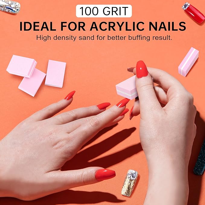 Mini Nail Buffer Blocks, 100/180 Grit Sponge Buffing Sanding Block File Manicure Tools Bulk 50Pcs (Pink)