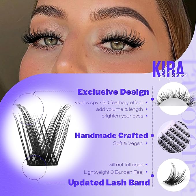 Pawotence Kira Lash Clusters Kit 10-18mm Cluster Lashes Extension Kit 144pcs Fairy Eyelash Clusters Wispy Lashes Cluster Eyelash Extensions with Waterproof Lash Bond and Seal, Remover, Applicator