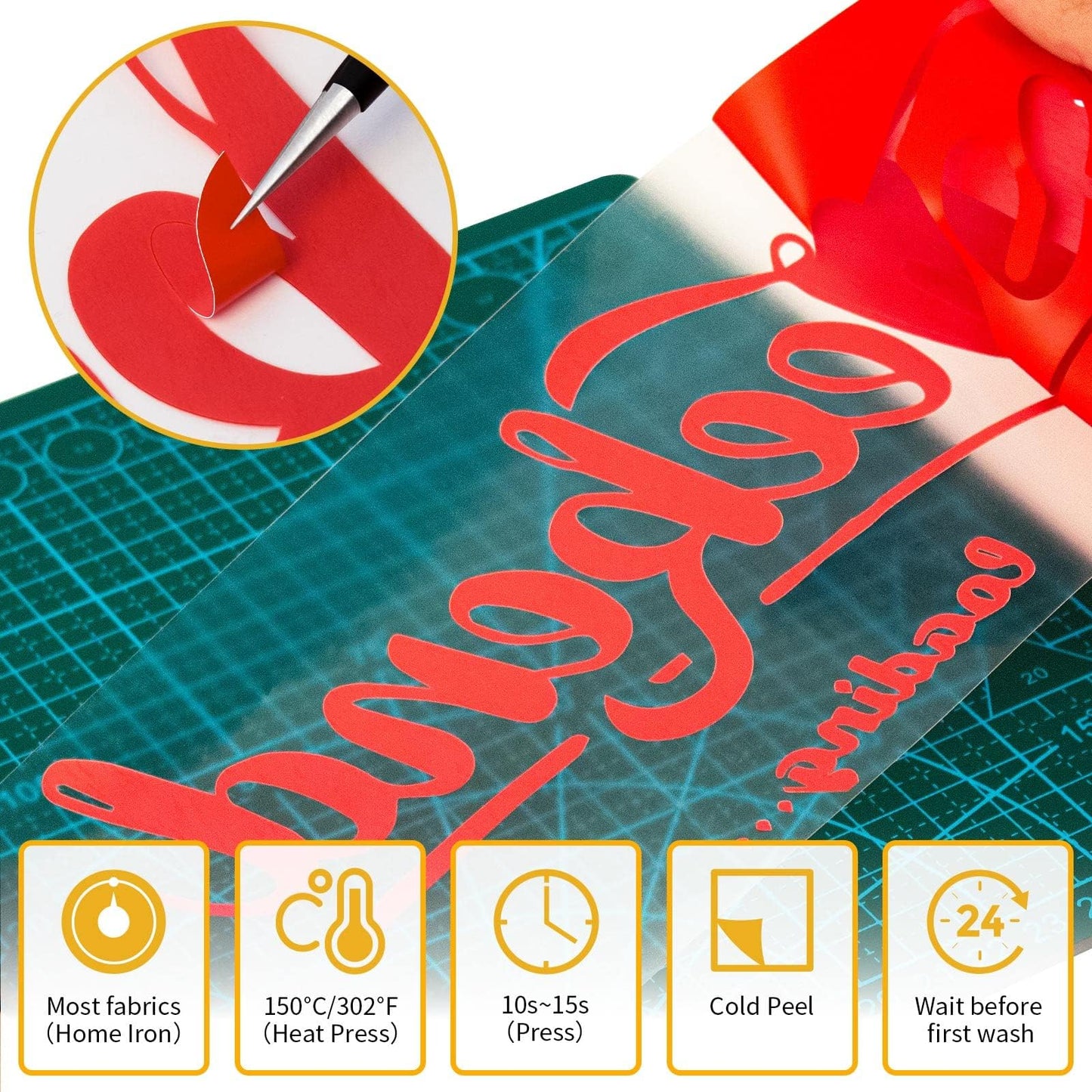 VinylRus Heat Transfer Vinyl-12” x 50ft Red Iron on Vinyl Roll for Shirts, HTV Vinyl for Silhouette Cameo, Easy to Cut & Weed