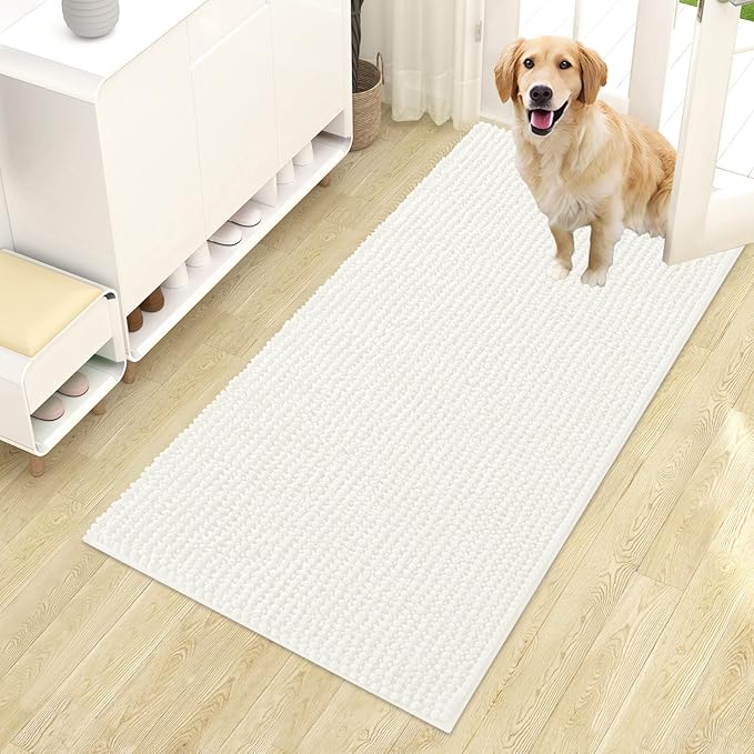 OLANLY Dog Door Mat for Muddy Paws 44x24, Ultra Absorbent Chenille Mud Doormat, Non-Slip Washable and Dirt Trapping Doormat for Indoor Entryway, Quick-Dry Indoor Pet Bed Mats for Dogs, Ivory