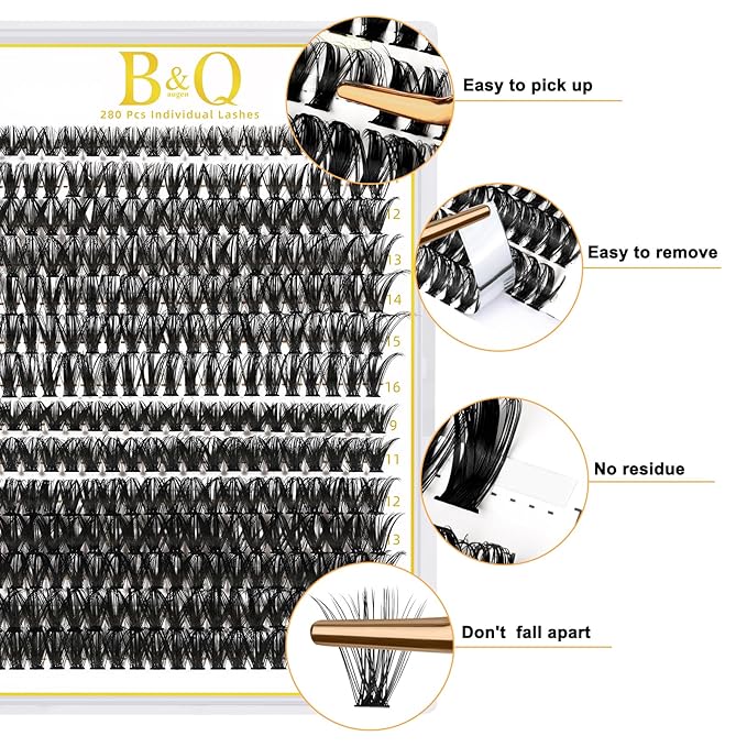 B&Q Lash Clusters 280PCS Natural Eyelash Clusters 40D 50D C 9-16MIX Individual Lash Wispy Eyelash Extension with Soft Thin Band Classic Look Pestañas Postizas Comfortable DIY at Home