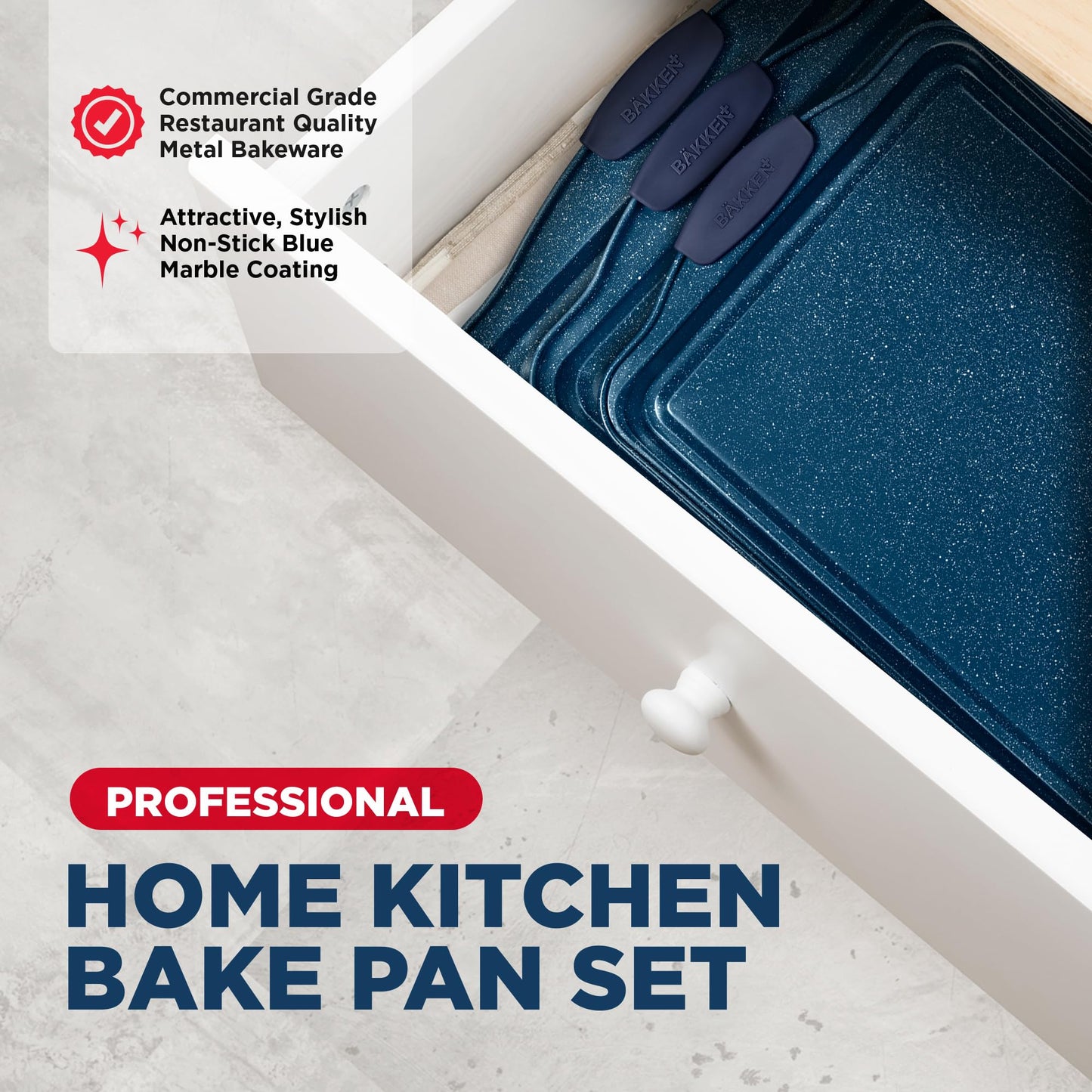 BAKKEN Kitchen Baking Pan Set - Nonstick Coating, Carbon Steel Bakeware Sets with Blue Silicone Handles, Baking Kitchen Essentials, PFOA, PFOS, PTFE Free, Oven Safe Tray (Up To 450° F), Set of 3