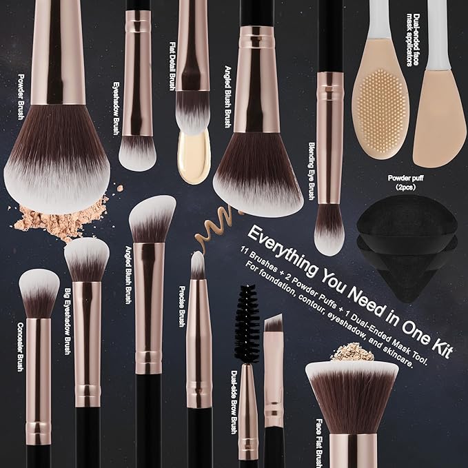 Black Makeup Brushes Set 14 Pcs Professional, Premium Synthetic Foundation Makeup Brush Concealer Powder Blush Eyeshadow Brushes with 2 Powder Puff & Dual-ended Mask Applicator.Gifts for Girls