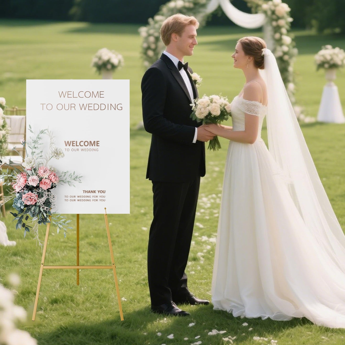 Gold Easel Stand for Sign, Heavy Duty Easel, 4-Tier AdjustableArt Easel for Painting, Wedding Sign 2pc