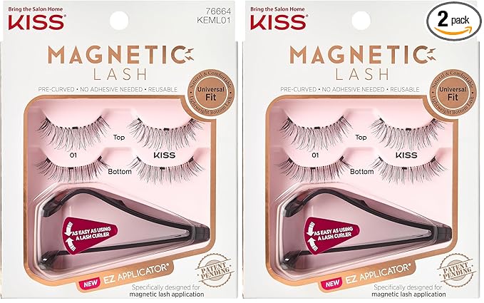 KISS Magnetic Lash 01, Synthetic False Eyelashes with Magnets Under and Over Your Upper Lashes, No Glue Needed, Lightweight, Reusable, Contact Lens Friendly, Cruelty Free, with Lash Applicator, 1 Pair