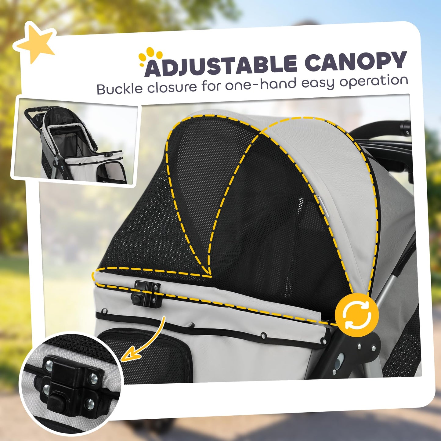 PawHut Dog Stroller for Small Dogs, 3 Wheel Foldable Pet Stroller with 12" Rubber Wheels, Mesh Window, One-Foot Brake, Storage Basket and Cup Holder, Up to 22 LBS, Light Gray