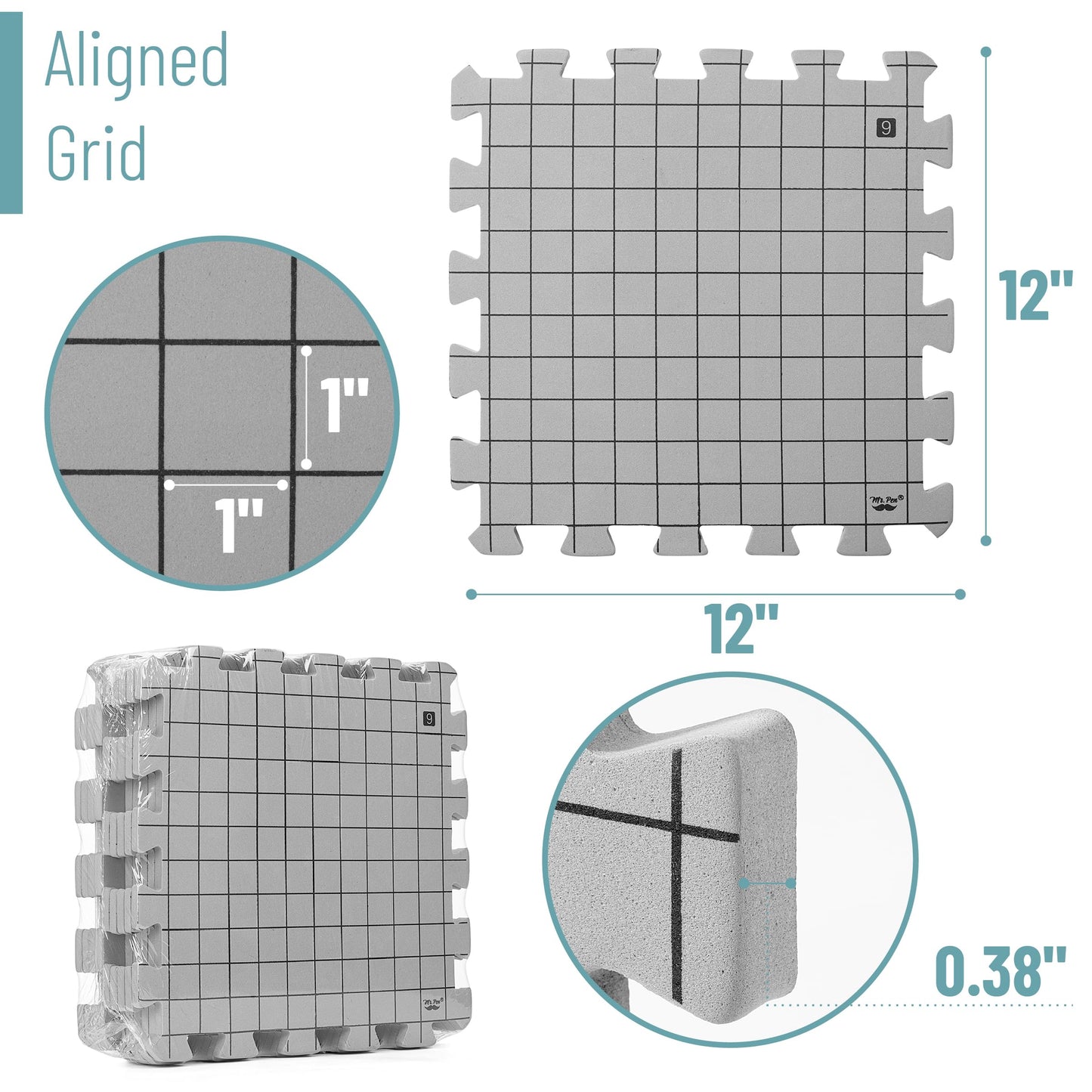 Mr. Pen- Blocking Mats for Knitting & Crochet Projects, 12" x 12", 9 Pack with 150 pcs T-Pins, Gray Aligned Grid Knitting Blocking Mats and Pins, Water & Heat Resistant