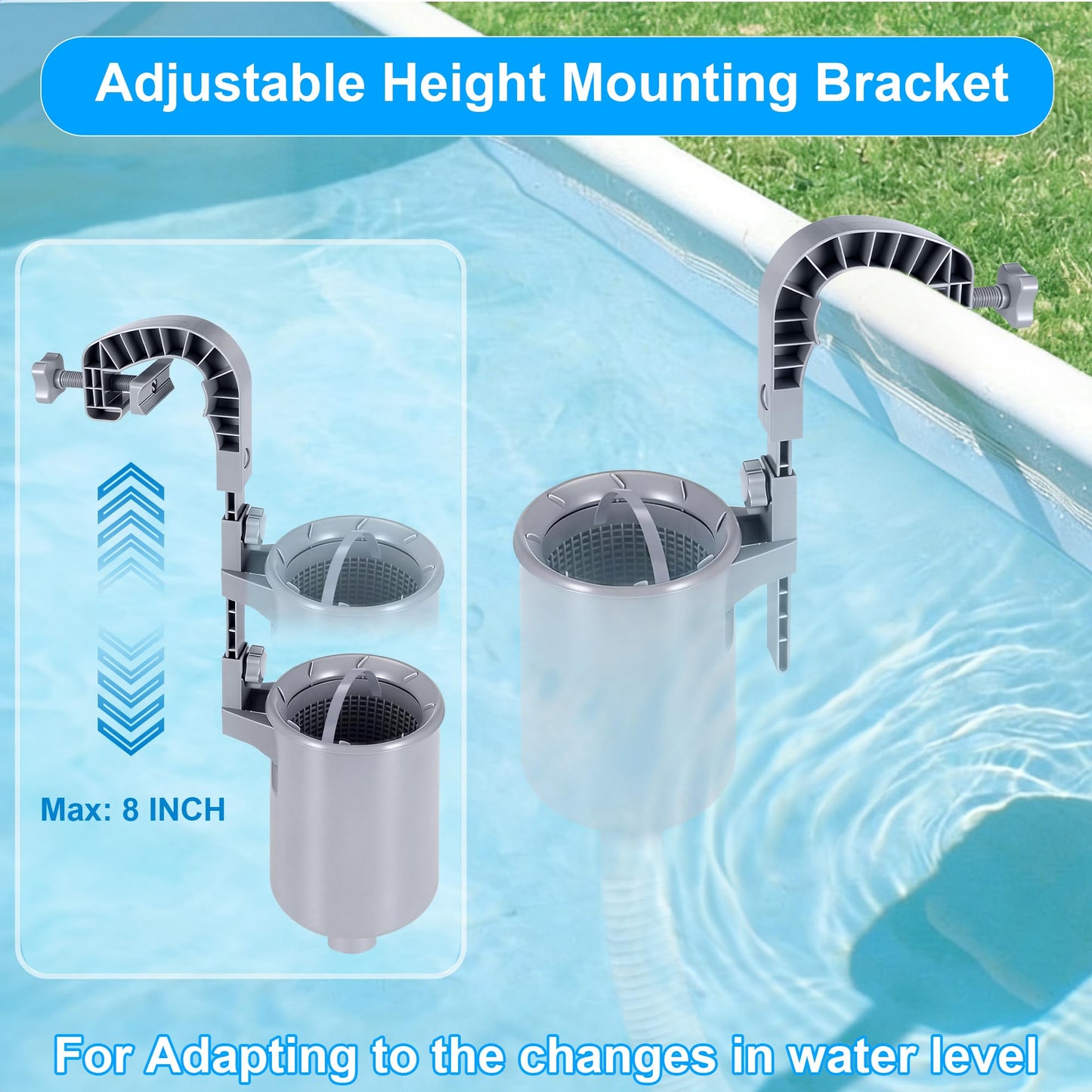 Toodour Above Ground Pool Skimmer, Wall Mount Floating Surface Skimmer with Removable Skimmer Basket & 10 Skimmer Socks, Adjustable Floating Pool Filter for Inflatable Collar/Tubular/Metal Frame Pools