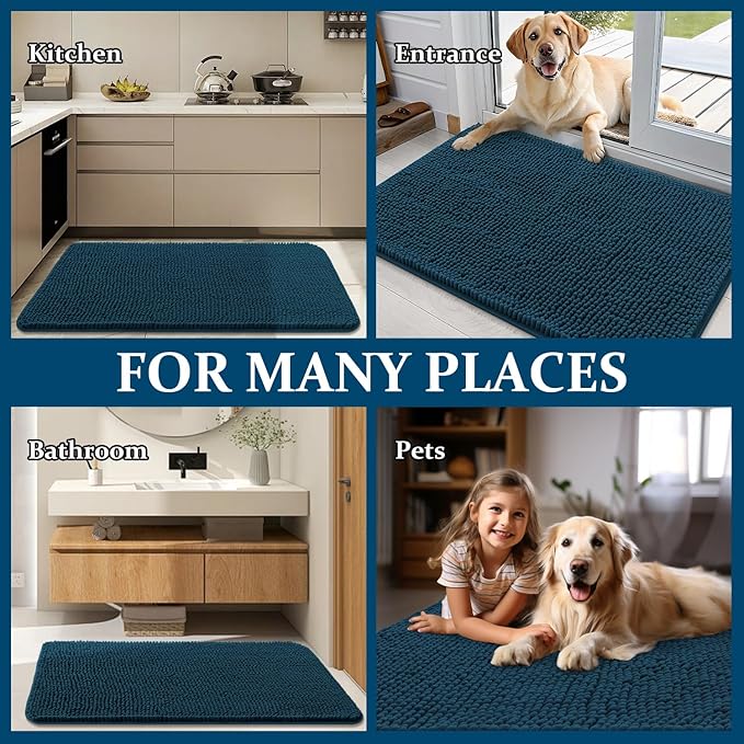 OLANLY Dog Door Mat for Muddy Paws 35x24, Absorbs Moisture and Dirt, Absorbent Non-Slip Washable Doormat, Quick Dry Chenille Mud Mat, Entry Indoor Entryway Carpet for Inside Floor, Atlantic Blue