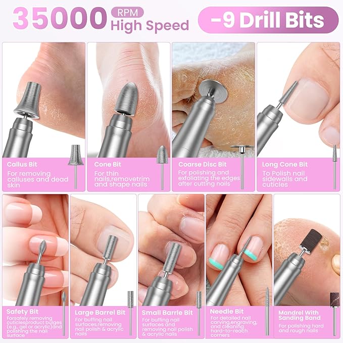 Cordless Nail Drill 35000RPM, Portable Electric Nail File for Acrylic Gel Nails, Professional Manicure Pedicure Kit, Rechargeable efile Set for feet with LCD Display, Low Noise Low Vibration-Grey