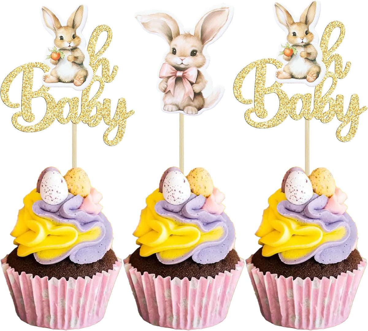 Gyufise 24Pcs Easter Bunny Oh Baby Cupcake Toppers Bunny Baby Shower Cupcake Pick Decorations for Easter Theme Spring Birthday Baby Shower Party Supplies Gold Glitter
