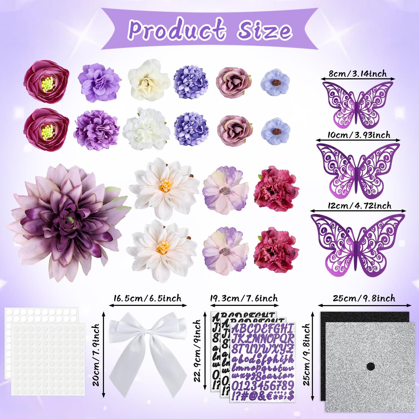 55 Pcs Purple DIY Graduation Cap Decorations Faux Assorted Flowers purple Bows 3D Butterfly Stickers Glitter Alphabet Letter Number Decals for DIY Hat Grad Cap Topper Graduation Party Supplies