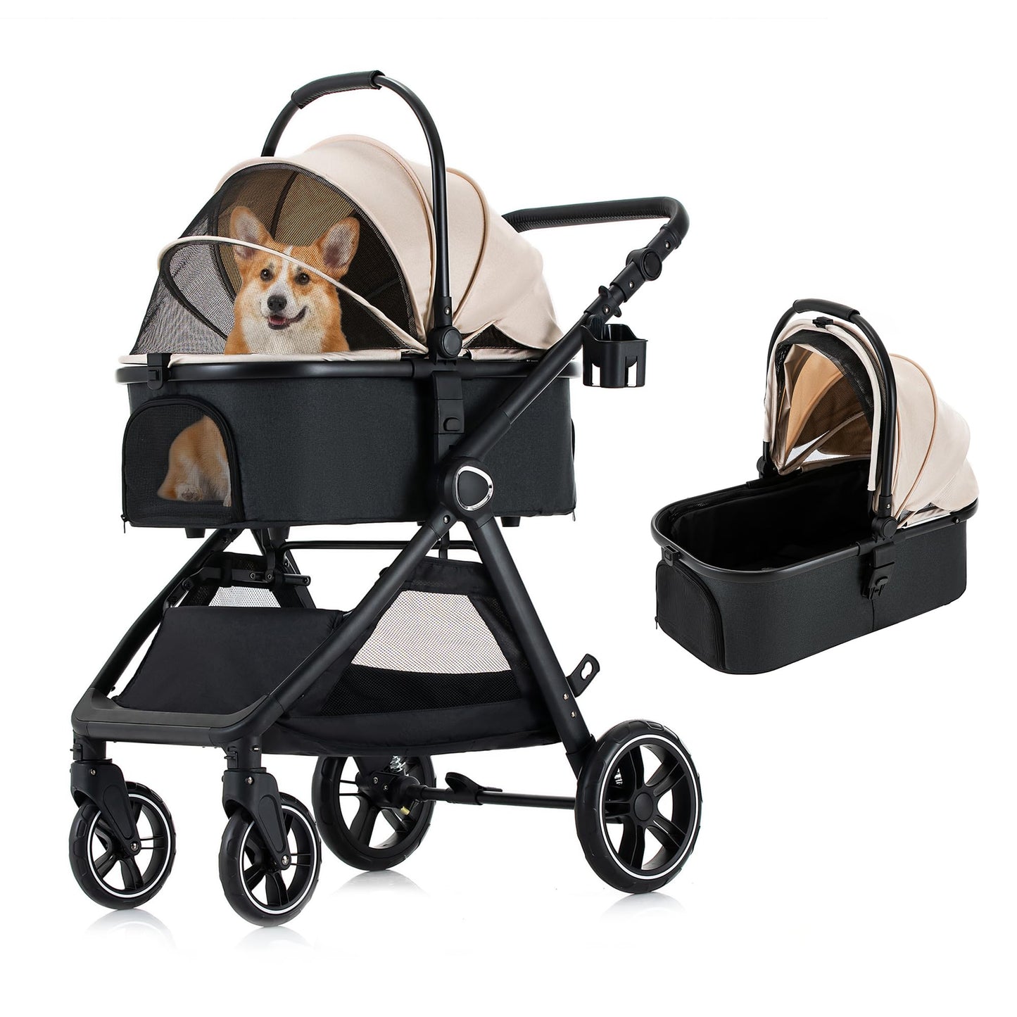 KAVELLIN Pet Stroller for Small Medium Dogs Cats Up to 50lbs, Dog Stroller with Removable Carrier, One Click Folding Pet Strollers, All-Terrain 4 Wheels Cat Strollers, Yellow