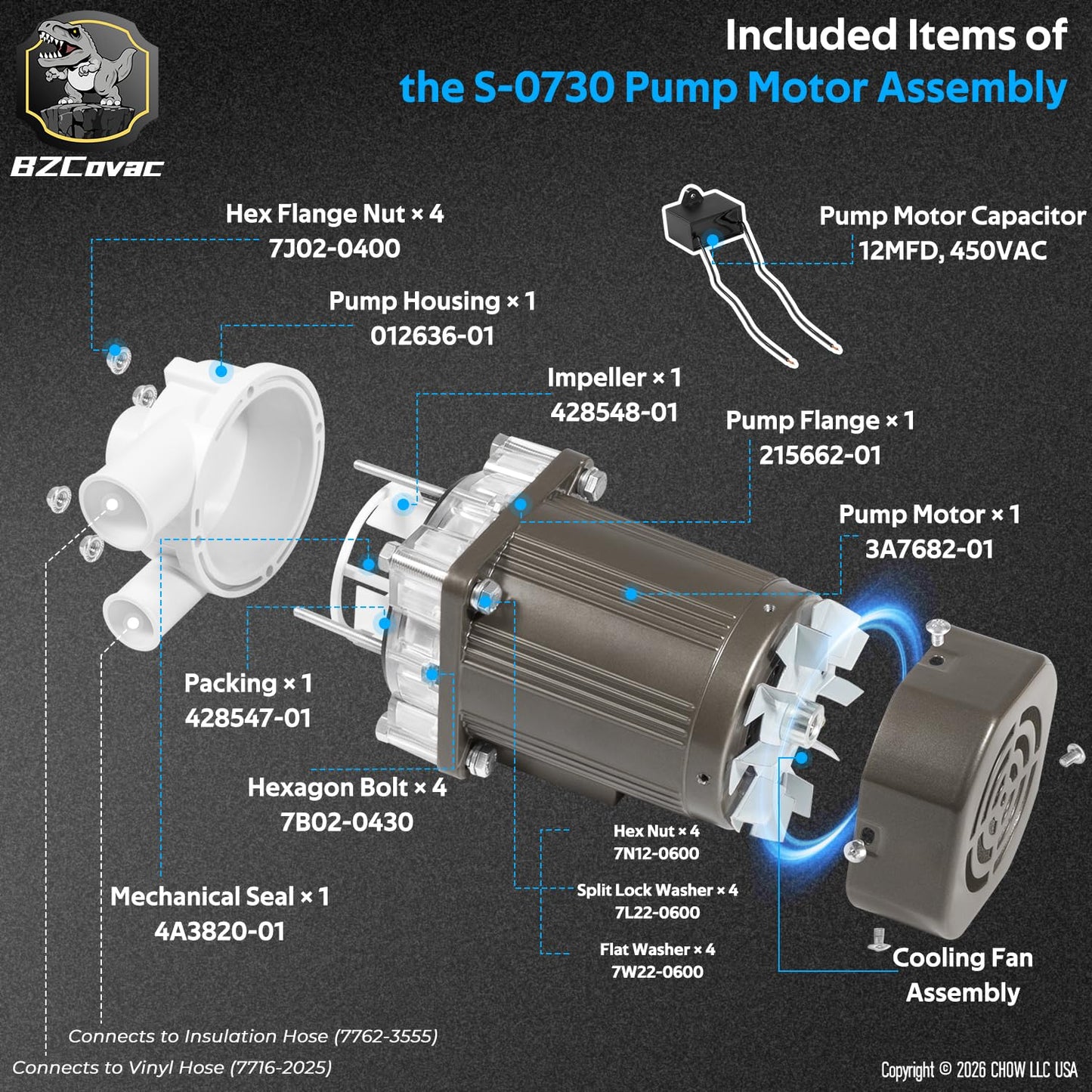 S-0730 Water Pump for Hoshizaki, Ice Machine Motor Assembly with Mounting Plate, 14-Inch Cable, and Factory Plug, #M91X60S201S