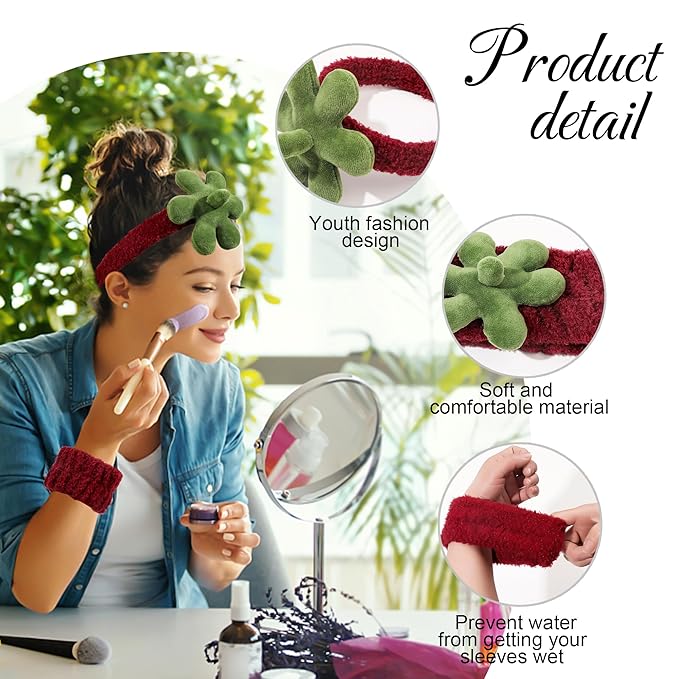 Ivyu Spa Skincare Headbands& Wristband Set，Cute Strawberry Makeup Headband For Women Girls,Non Slip Sponge Headband，Skincare-Padded Soft Thick Terry Cloth Hair Band Accessory.