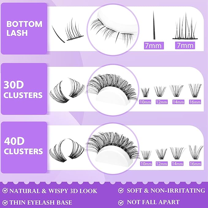 Geeneiya Bottom Lash Extension Kit Natural Cluster Eyelash Extension Kit DIY D Curl Lash Clusters Kit with Lash Bond and Seal Glue, Lash Applicator for Self Application at Home (30D+40D+BOTTOM)