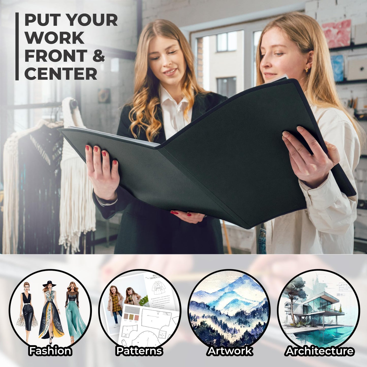 Dunwell 12x18 Art Portfolio Binder with Mounting Paper (Black), Large Portfolio Folder for Artwork Storage, 24 Clear Sleeves Display 48 Pages, 12 x 18 Presentation Book, Acid-Free Poly