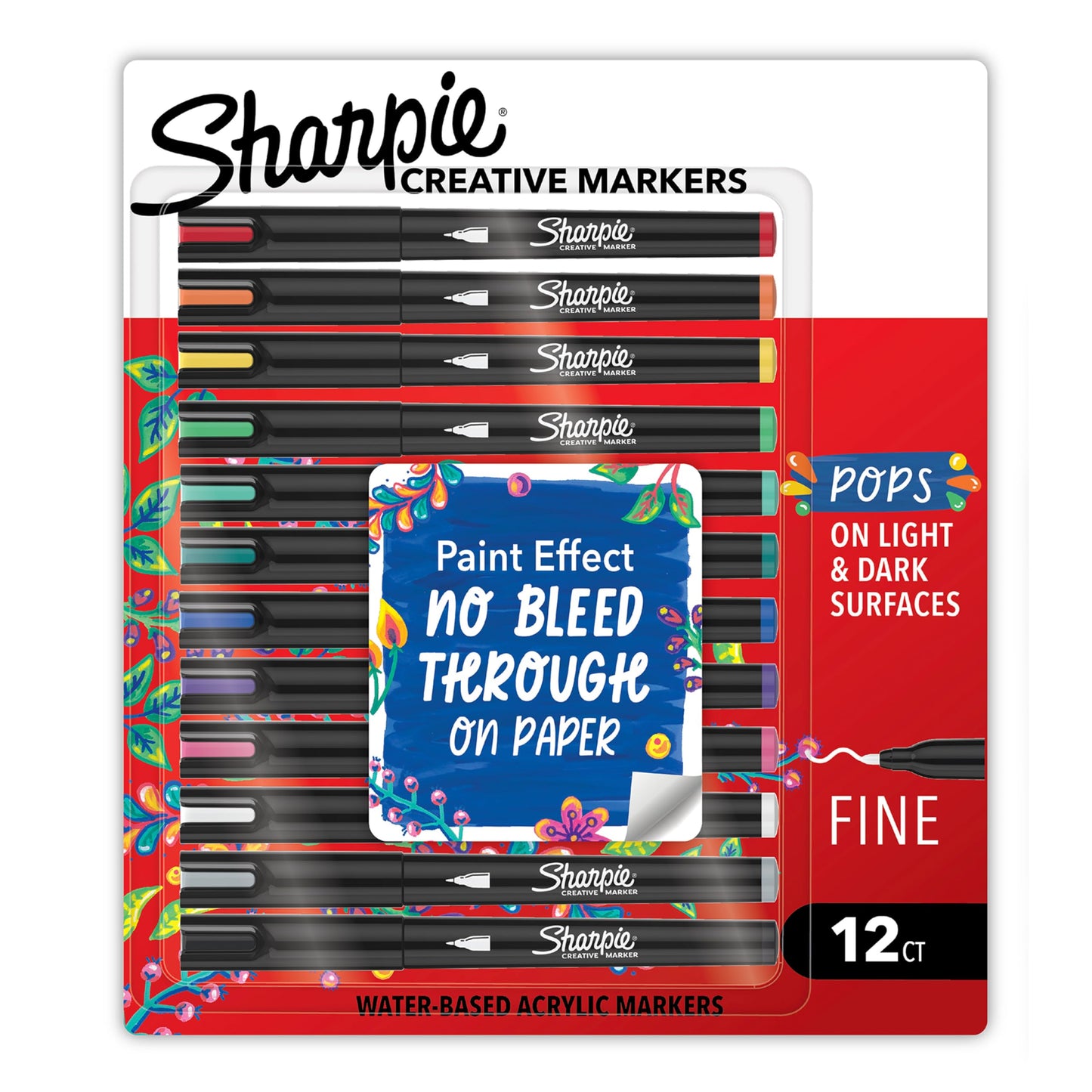 Sharpie Creative Markers, Water-Based Acrylic Paint Markers, Fine Tip, Assorted, 12 Count