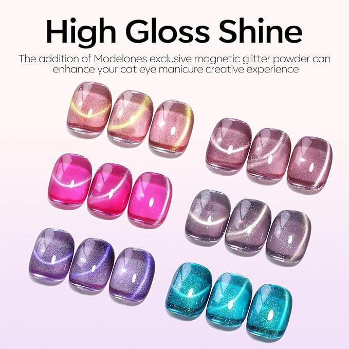 Modelones Cat Eye Gel Nail Polish Set, 6 Colors Coloful Neon Galaxy Champagne Lake Blue Grape Purple Gold Brown Hot Pink 9D Glassy Cat Eye Glitter Gel Polish with Magnet LED Soak Off Manicure Gift