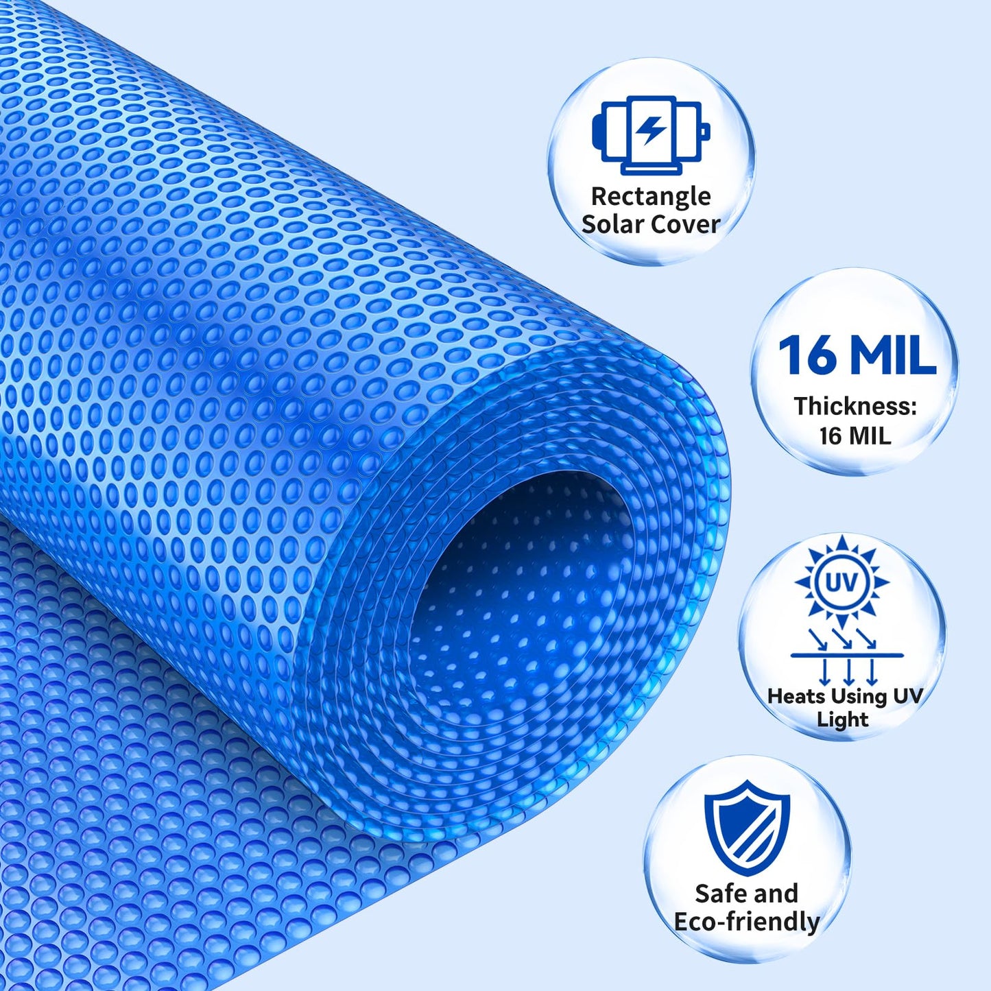 BigXwell Solar Pool Cover, Blue 16-mil 16 x 32 Foot Rectangle for In-Ground Pools, 1600 Series Heavy-Duty Insulating Pool Heater Covers.
