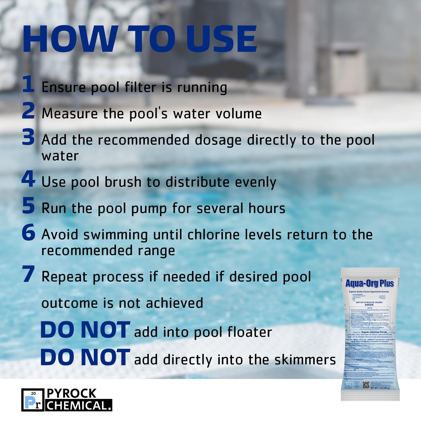 Pool Shock by Pyrock Chemical Aqua Org Plus - 65% Granular Cal Hypo - Swimming Pool Shock for In-Ground, Above Ground, Spas & Hot Tubs (24x1 lb Bags)