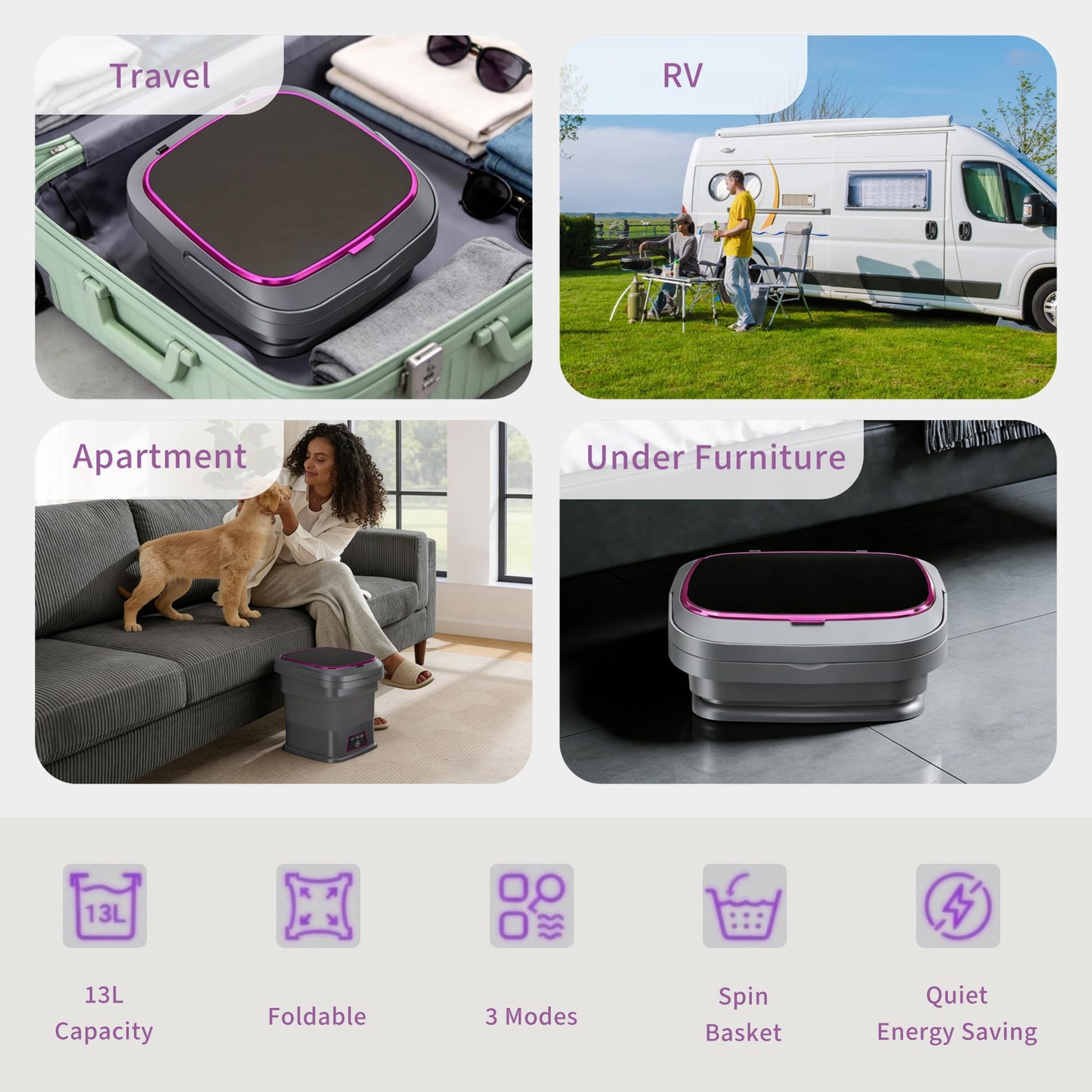 Ugupy 13L Portable Washing Machine, Foldable Mini Washing Machine with Spin Basket & 3 Cleaning Modes, Small Laundry Machine for Underwear, Baby Clothes, Socks, Compact Design for Travel Apartment RV