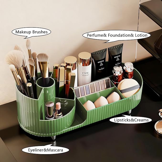 Rotating Makeup Organizer for Vanity with Brush Holder, Cosmetic Makeup Storage Organizer, Large Spinning Makeup Skincare Organizer, Countertop Makeup Perfume Organizer, Lotions Display Case Green