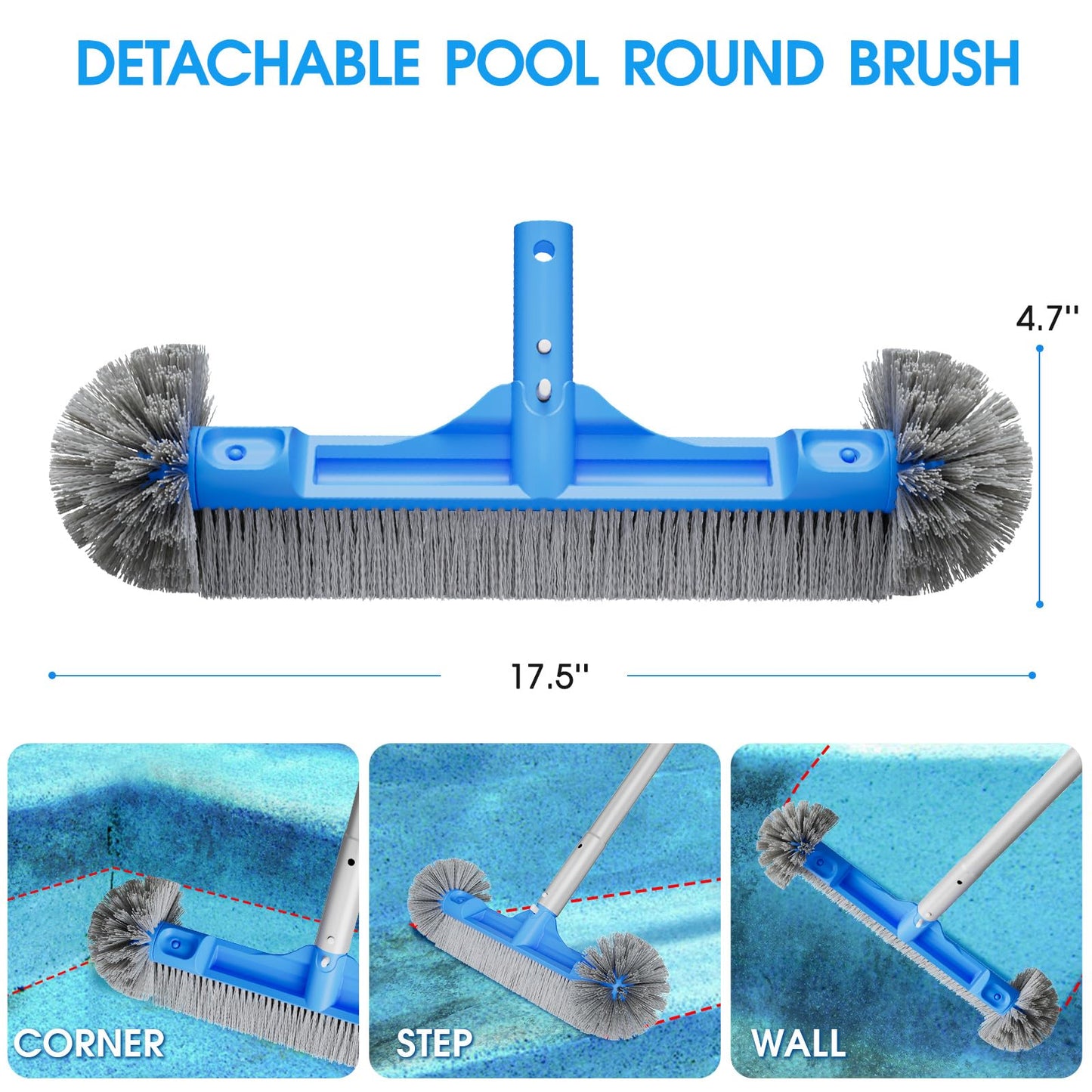 TidyMister All in One Pool Cleaning Kit - 18'' Repairable Pool Nylon Net & 18'' Detachable Round Brush & 11'' Fine Mesh Skimmer Net & Pool Chlorine Floater & Handy Scrubber for Water Line Cleaning