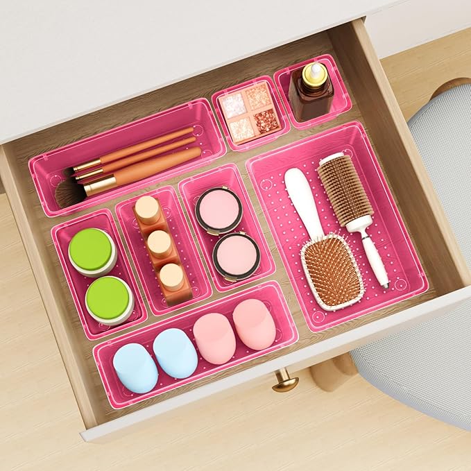 12 PCS Drawer Organizer Set, 4 Sizes Tool Storage Trays, Clear Plastic Makeup Vanity Organizer and Storage Bins for Stationeries, Multiple Gadgets for Office, Bedroom, Pink