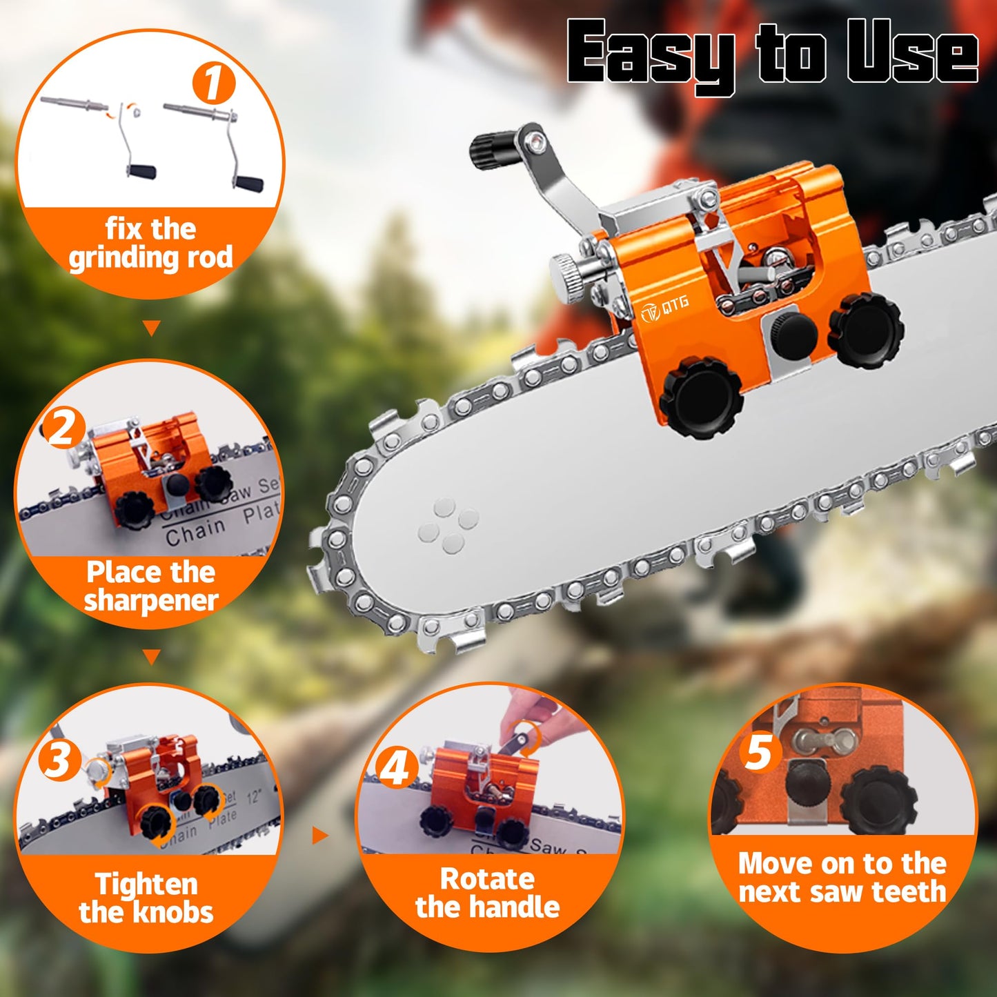 QTG Manual Chainsaw Sharpener,Chain Sharpener,Chain Saw Sharpener Portable Hand Crank Chain Sharpening Tool with Durable Clamp - Easy to Use & Accurate Chain Grinder Set for All Standard Chainsaws
