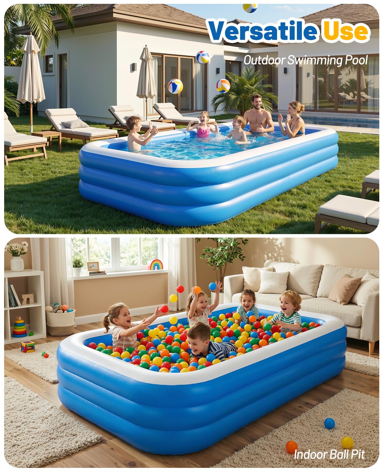 HeySplash Inflatable Pool with Canopy, Large Inflatable Swimming Pool for Adults & Kids, Blow Up Pool Thickened Family Pool for Outdoor Backyard Garden Party Summer Fun, 118" x 69" x 24"(Blue)
