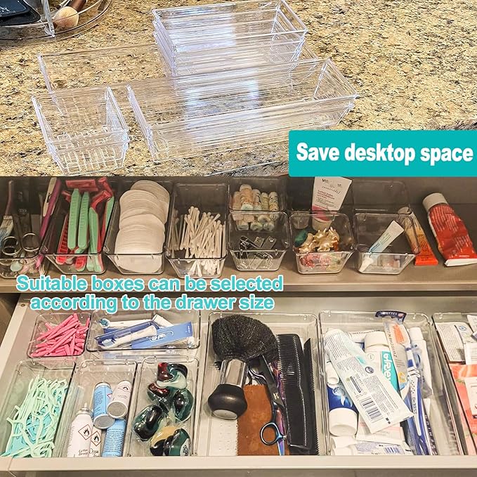 27 Pack Clear Plastic Drawer Organizer Set - 4 Sizes Makeup Vanity Organizer Chest of Drawers Storage Stackable Organizers Bins Divider Box for kitchens, Bedrooms, Bathrooms, Offices, Junk, Gadgets