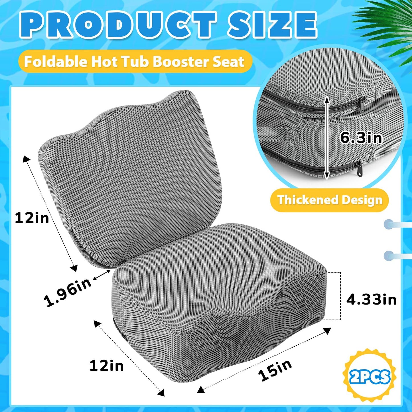 Yerliker 2 Pcs Foldable Hot Tub Booster Seat for Adults Adjustable 2 Heights up to 6.3", Weighted Booster Seat 3D Air Mesh Hot Tub Accessories Quick Dry Micro Dot Non Slip for Spa Bathtub Pool (Gray)