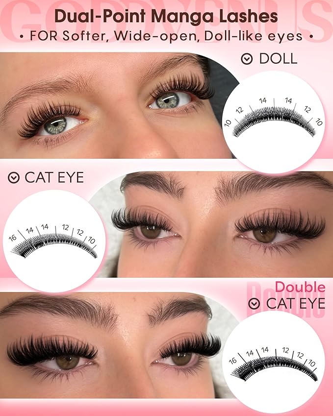 Goddvenus Wispy Manga Lash Clusters Natural Eyelash Clusters Fairy Cluster Eyelash Extensions Anime Individual Lashes C Curl Lash Extension Waterproof DIY Eye Lashes Cluster