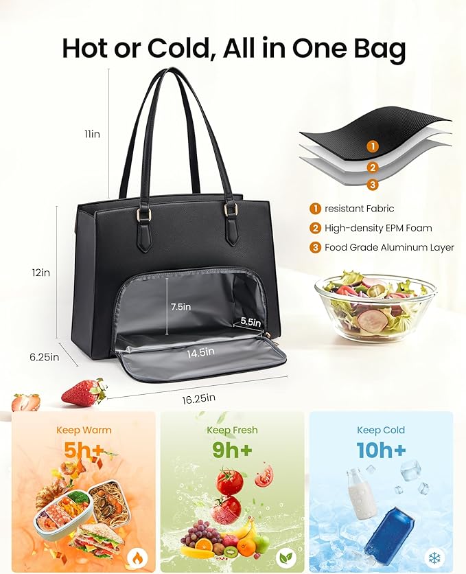 LOVEVOOK Lunch Tote Bag for Women, 15.6 Inch Laptop Work Bag with Insulated Lunch Compartment, Large Capacity Computer Handbag with Cup Holder for Business, Nurse, Teacher, Mommy