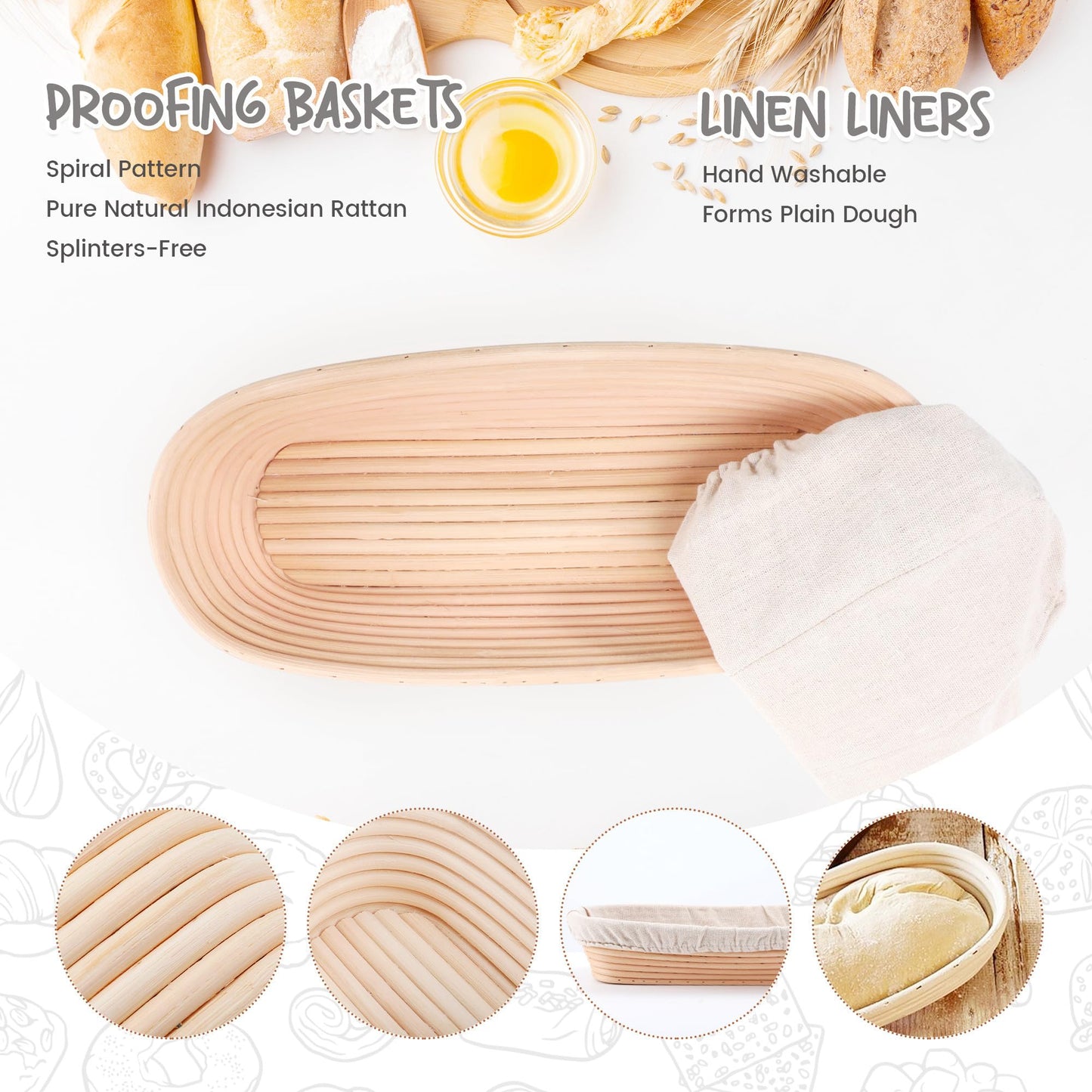 DOYOLLA 14.5inch Oval Bread Dough Proofing Rising Rattan Basket & Liner Combo for Professional & Home Baking (2 basket & 2 liner)