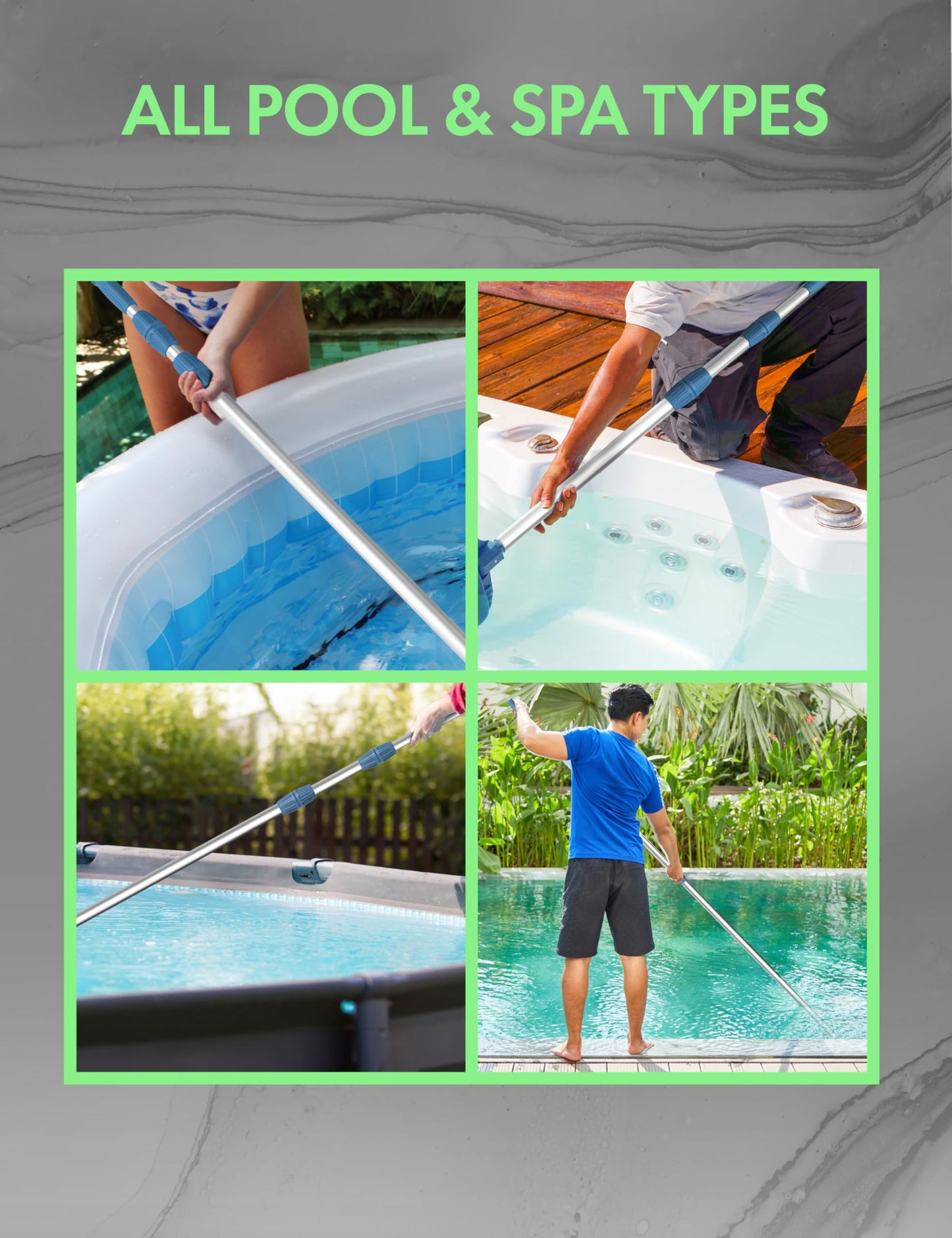 KEMANO Professional 15ft Heavy Duty Swimming Pool Pole, Telescopic Aluminum, Adjustable 3.4-15ft, Fits Pool Vacuum, Net, Brush, Hook, Cleaning Tools, Universal Mount, Anti-Slip Grip, Twist Lock Design