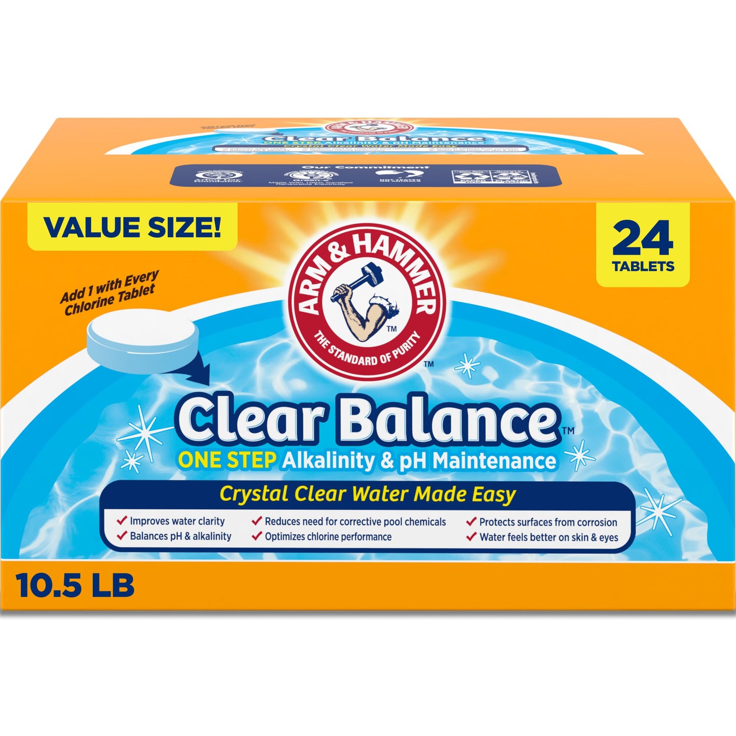 ARM & Hammer Clear Balance Swimming Pool Alkalinity pH Maintenance Tablets, White, 1 Pack, 24 Count